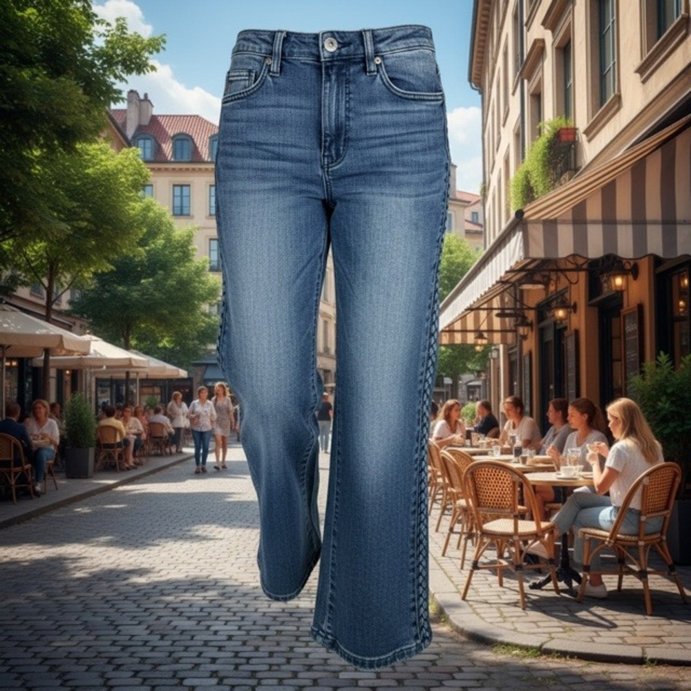 Judy Blue Los Angeles Wide Leg Braided Side Seam Jeans Medium Wash Denim